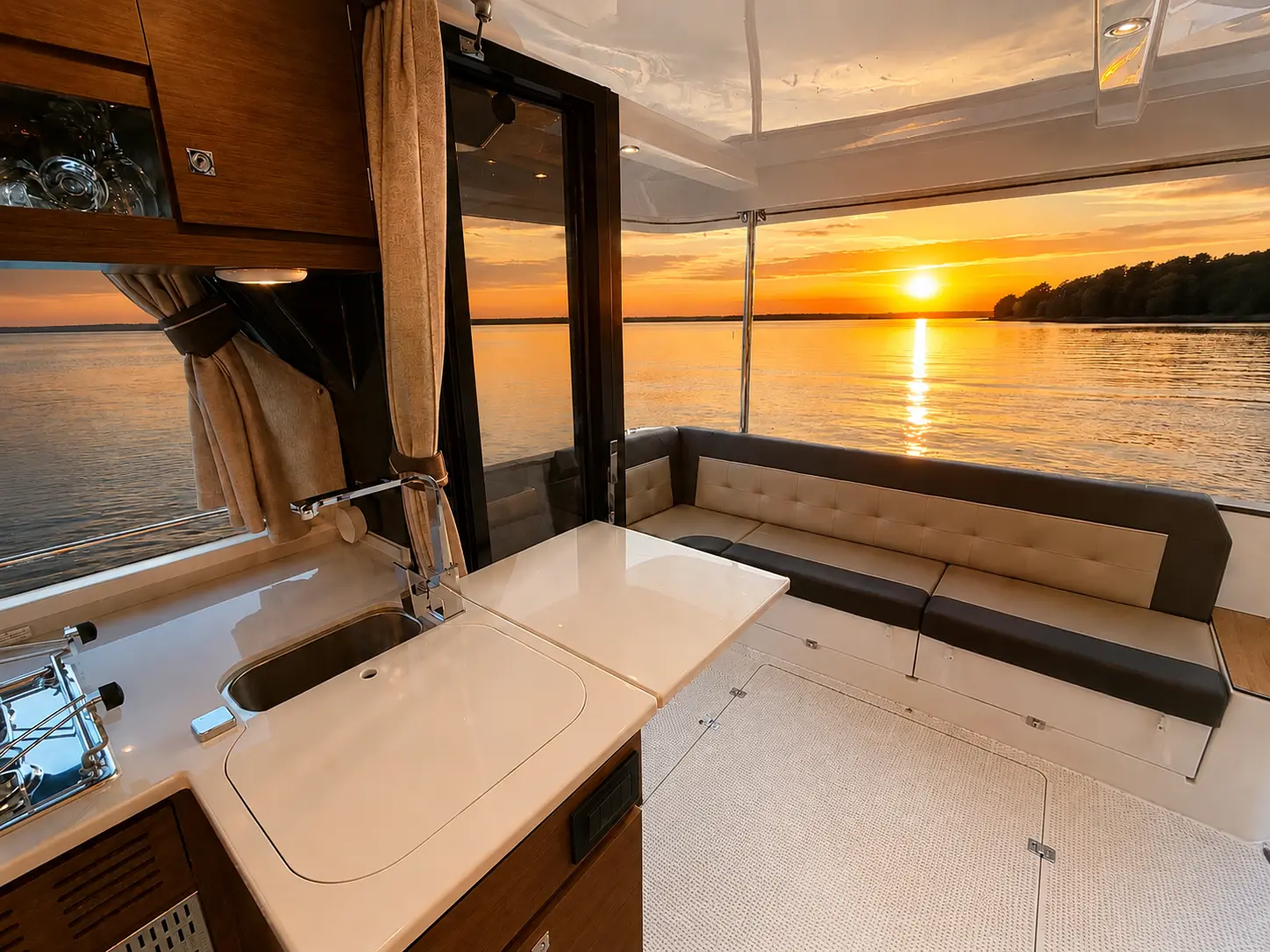 Single-level salon of the Delphia 12 with panoramic river views