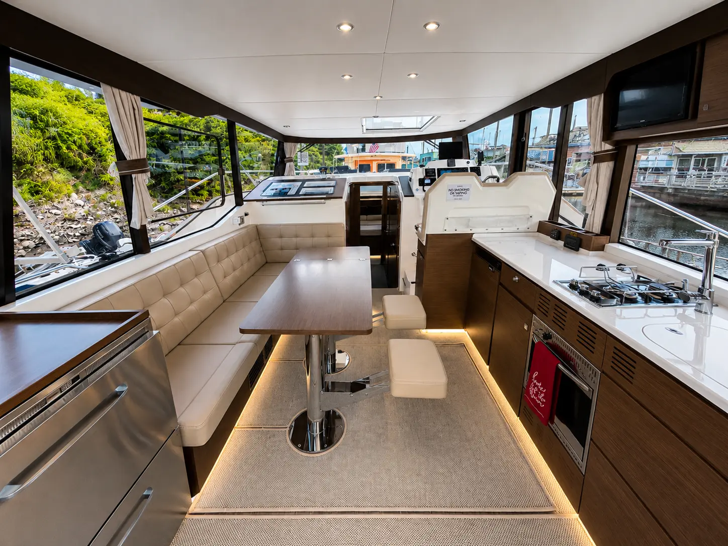 Salon, galley and helm station aboard Crown of the Columbia