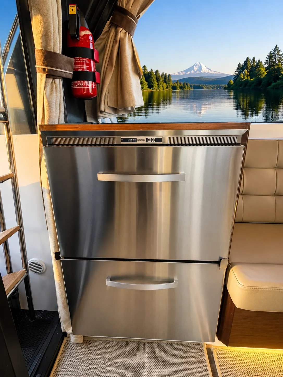 Stainless refrigerator and freezer in the second-deck galley