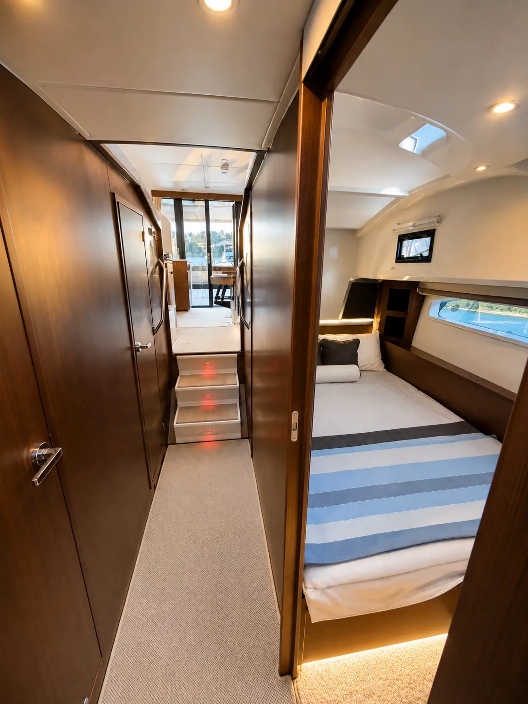 Guest cabin with striped bedding seen from the corridor