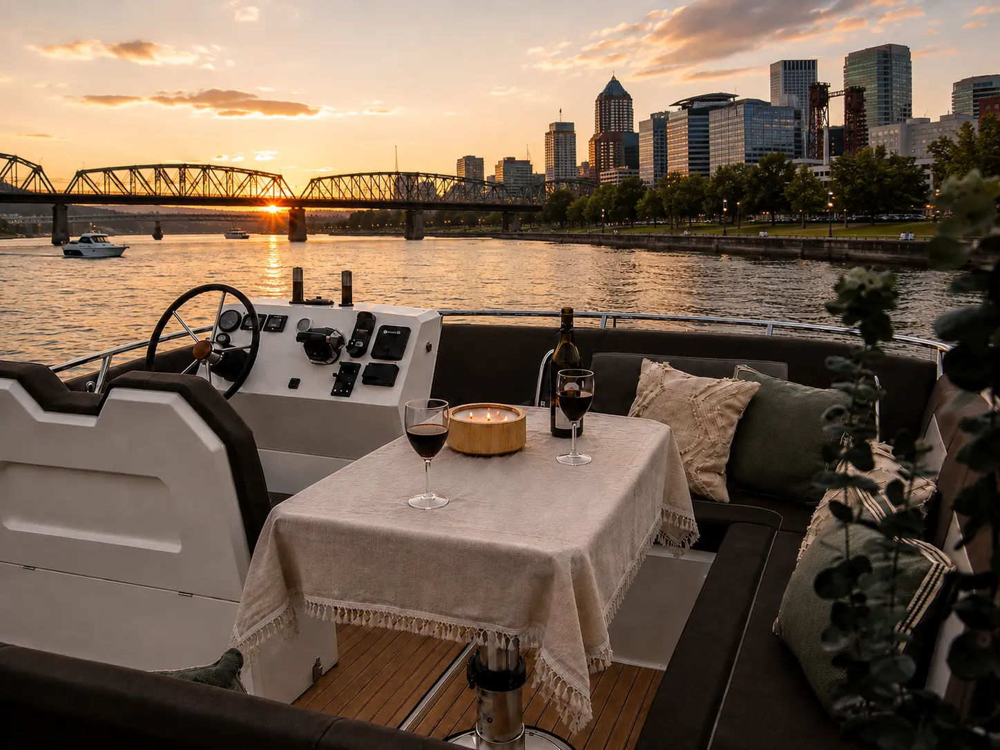 Dinner table set on the aft deck with the Portland skyline at sunset