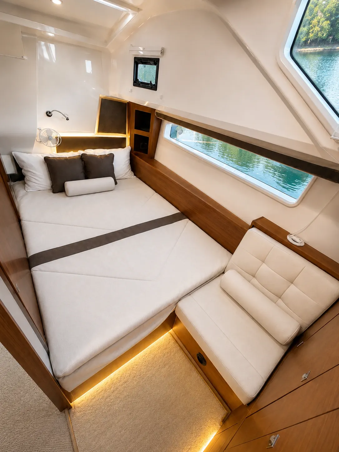 Private forward bedroom with double berth and hull window
